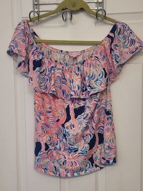 Lilly Pulitzer Off-Shoulder Ruffle Top - Pink, Navy, Coral